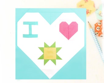 I love Quilts - Heart Quilt Block PDF pattern - Includes instructions for 6 inch and 12 inch Finished Blocks