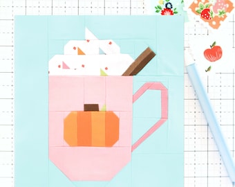 Pumpkin Spice Fall Autumn Mug Dessert Quilt Block PDF pattern-Instructions for 6 inch, 12 inch, 18 inch and 24 inch Finished Blocks