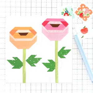 Modello di blocco trapuntato Ranunculus Flower PDF Spring Garden - Istruzioni per blocchi finiti da 6 pollici, 9 pollici, 12 pollici, 18 pollici, 24 pollici