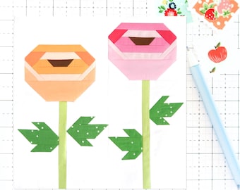 Ranunculus Flower Quilt Block Pattern PDF Spring Garden - Instructions for 6 inch, 9 inch, 12 inch, 18 inch, 24 inch Finished Blocks