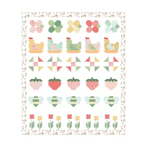 May include: A white quilt block pattern with a variety of colorful patchwork designs. The pattern features a border of small pink flowers, a row of yellow flowers with green stems, a row of bees with green and yellow wings, a row of strawberries with red, pink, and white designs, a row of four-patch squares in green, yellow, and red, a row of chickens with yellow, red, and green designs, and a row of hexagons in green, yellow, and red.