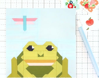 Ribbit Ribbit Frog Spring Pond Quilt Block PDF pattern - Includes instructions for 6 inch, 12 inch, 18 inch and 24 inch Finished Blocks