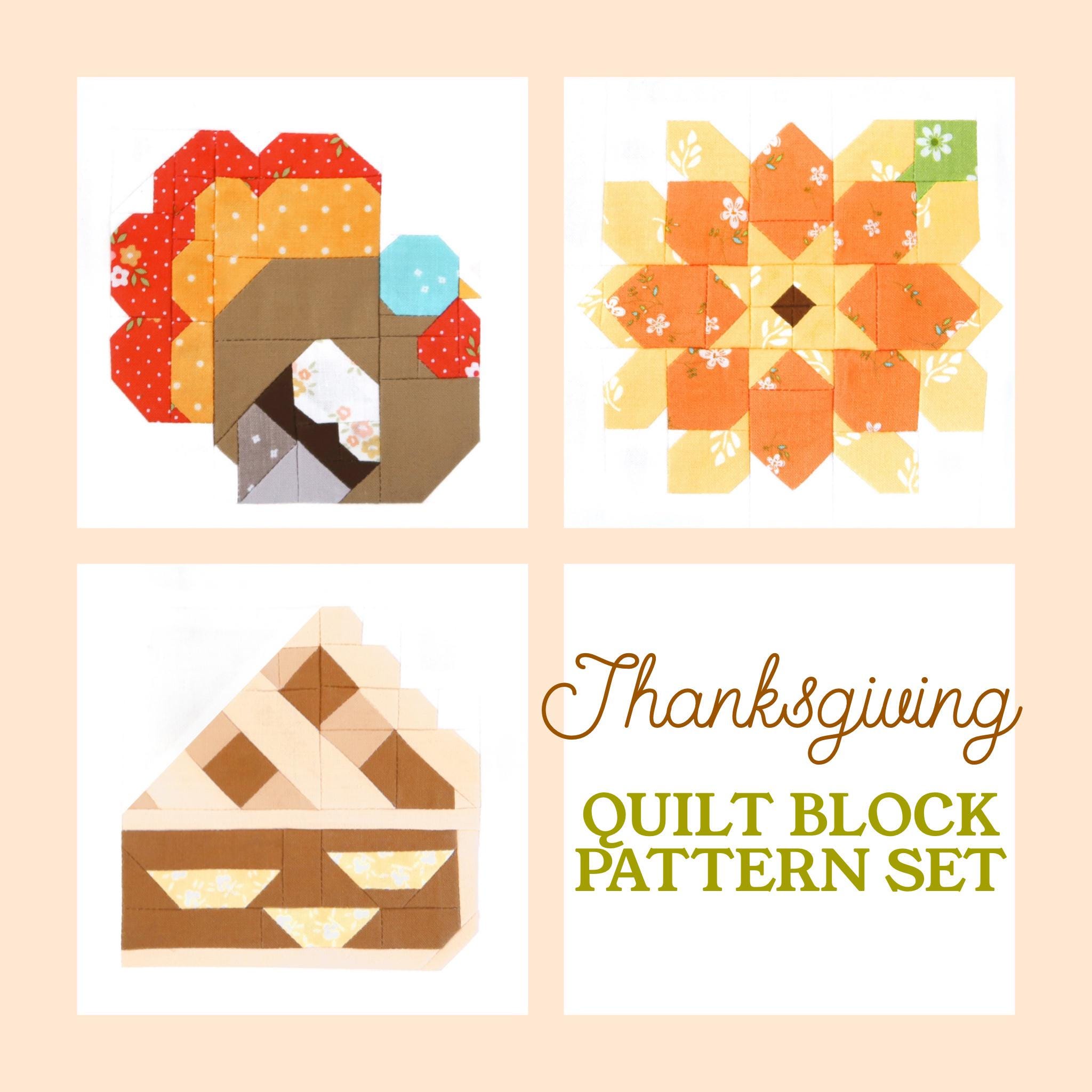 Set of 3 Thanksgiving Quilt Block Fall Patterns: Turkey, Mum Flower ...