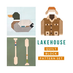 Puede incluir: Un conjunto de patrones de bloques de colcha llamado "Lakehouse" con un pato, dos remos y una chaqueta marrón con un sombrero. El conjunto de patrones incluye instrucciones para hacer un bloque de colcha con estos diseños.