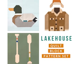 Lakehouse Quilt Block Patterns: Mallard Duck, Outdoor Jacket/Hat, Rowing Oars - Instructions for 6", 12", 18" and 24" blocks 15% Savings