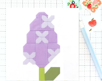 Lilac Spring Flower Quilt Block PDF pattern - Includes instructions for 6 inch, 9 inch, 12 inch, 18 inch and 24 inch Finished Blocks