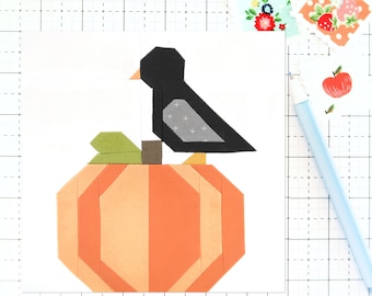 Black Bird in the Pumpkin Patch Fall Quilt Block Pattern Autumn PDF - Instructions for 6 inch, 12 inch, 18 inch and 24 inch Finished Blocks
