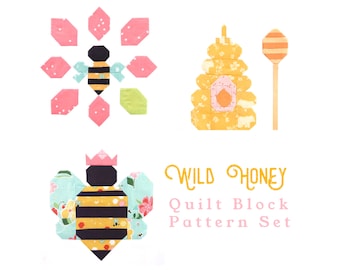 Set of 3 Bee Summer Spring Quilt Block Patterns: Honeybee, Local Honey, Queen Bee - Instructions for 6", 12", 18" and 24" blocks 15% Savings