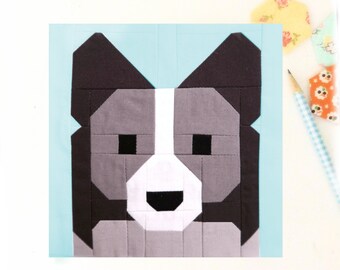 Border Collie Pet Dog Puppy Quilt Block PDF pattern - Includes instructions for 6 inch and 12 inch Finished Blocks