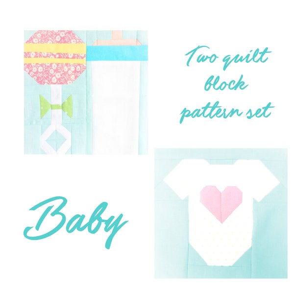Set of 2 Quilt Block Patterns Baby Bottle Rattle and Baby Onesie Instructions for 6 inch and 12 inch blocks 15% Savings