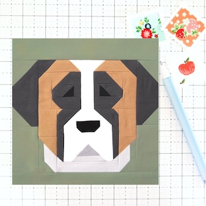 PDF-mönster för quiltblock med valp och Sankt Bernhardshund - Innehåller instruktioner för färdiga block på 15 cm, 30 cm, 40 cm och 60 cm