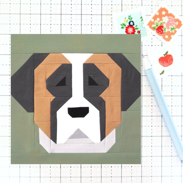 St. Saint Bernard Dog Puppy Quilt Block PDF pattern - Includes instructions for 6 inch, 12 inch, 18 inch and 24 inch Finished Blocks