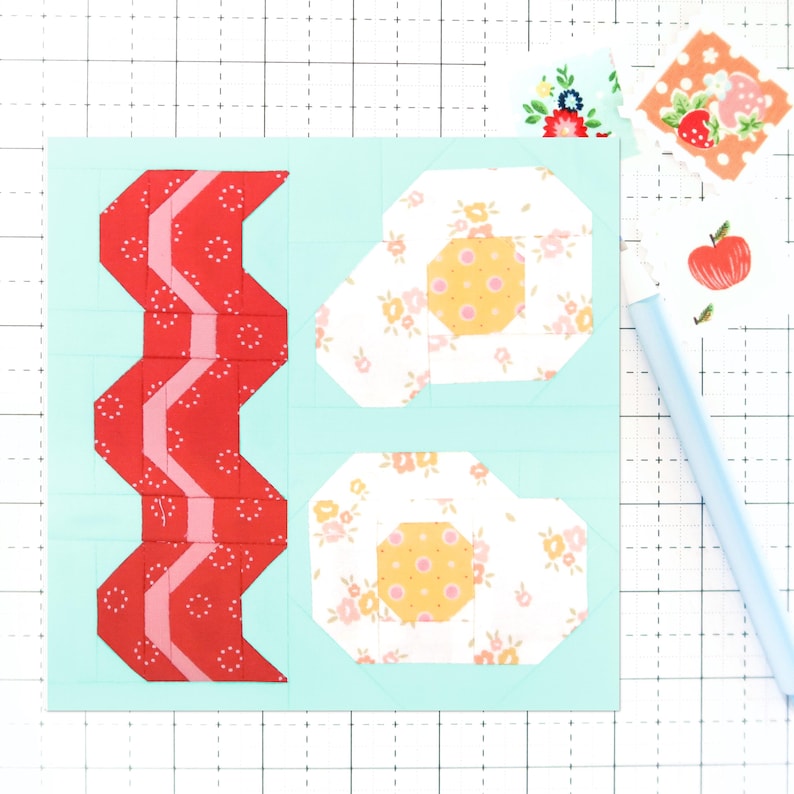 Bacon & Eggs Quilt Block Mönster Frukostmat PDF - Instruktioner för 6 tum, 9 tum, 12 tum, 18 tum, 24 tum block traditionell lapptäckning bild 1
