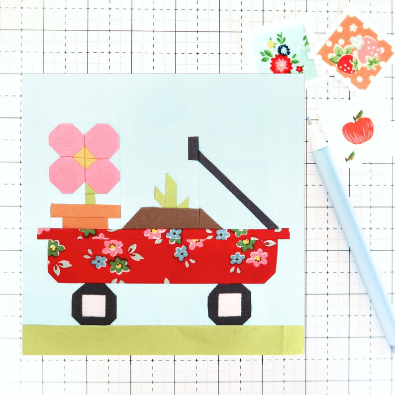 Spring Garden Little Red Wagon Quilt Block PDF pattern Includes instructions for 6 inch, 12 inch, 18 inch and 24 inch Finished Blocks image 1