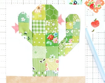 Scrappy Desert Cactus PDF-quiltblokpatroon - Inclusief instructies voor afgewerkte blokken van 6 inch, 12 inch, 18 inch en 24 inch