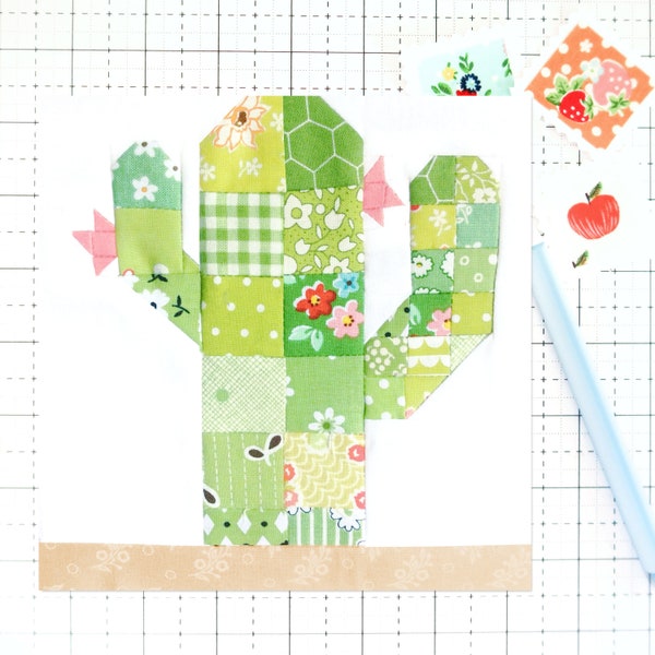 Scrappy Desert Cactus PDF quilt block pattern - Includes instructions for 6 inch, 12 inch, 18 inch, and 24 inch Finished Blocks
