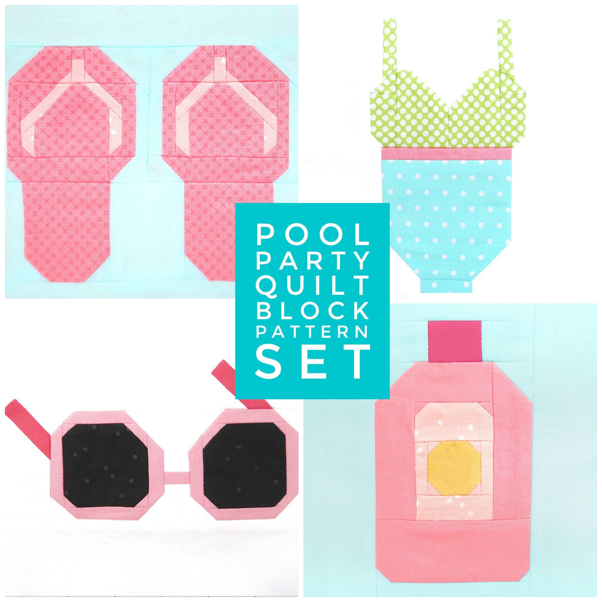 Set of 4 Pool Party Quilt Block Patterns - Swimsuit, Sunglasses ...