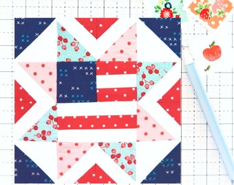 Stars and Stripes American Flag Quilt Block PDF pattern - Includes instructions for 6 inch, 12 inch, 18 inch and 24 inch Finished Blocks