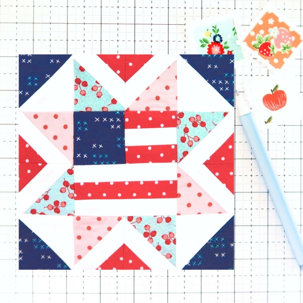 Stars and Stripes American Flag Quilt Block PDF pattern - Includes instructions for 6 inch, 12 inch, 18 inch and 24 inch Finished Blocks