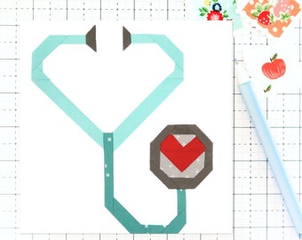 Stethoscope Nurse or Doctor EMS Medical Quilt Block PDF pattern - Includes instructions for 6 inch and 12 inch Finished Blocks