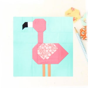 Standing Flamingo Bird Animal Summer Tropical Fun Quilt Block PDF pattern - Includes instructions for 6 inch and 12 inch Finished Blocks