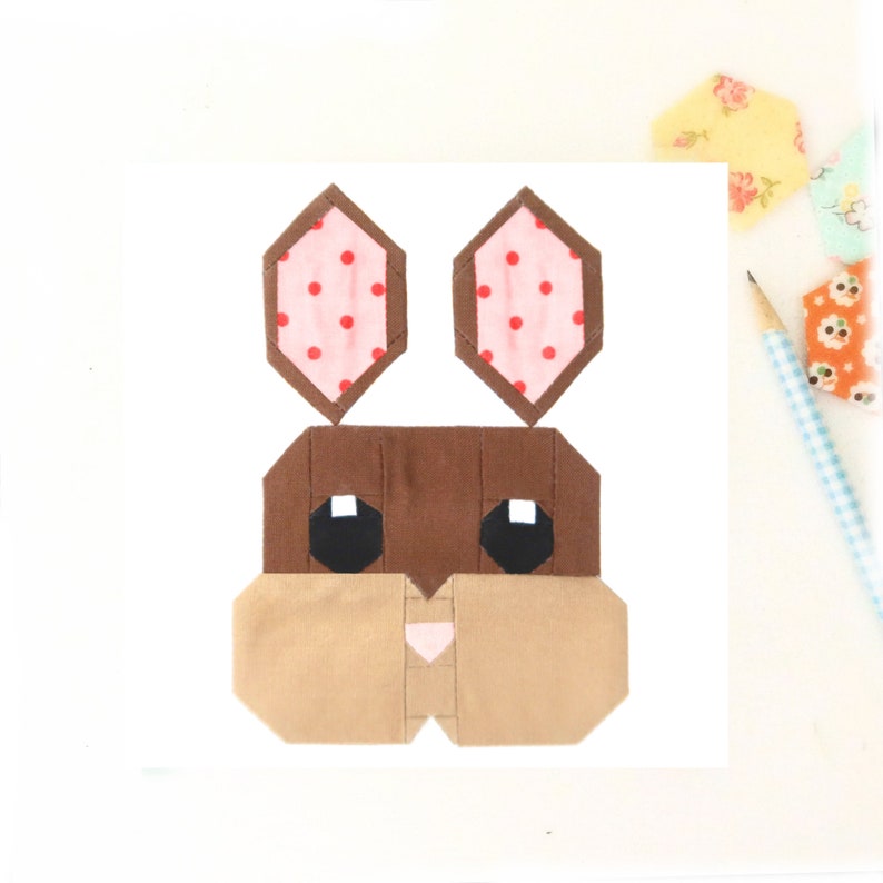 Sweet Bunny Face Spring Easter Quilt Block PDF pattern - Includes instructions for 6 inch and 12 inch Finished Blocks image 1
