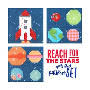 Set of 3 Outer Space Quilt Block Patterns: Rocket, Planets 1, and Planets 2 - Instructions for 6&quot;, 12&quot;, 18&quot; and 24&quot; blocks 15% Savings