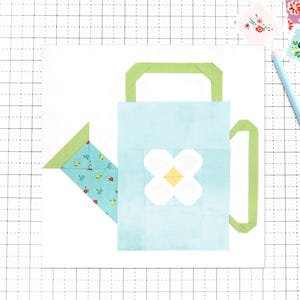 Quiltblokpatroon tuin gieter pdf - instructies voor 6 inch, 9 inch, 12 inch, 18 inch, 24 inch blokken traditionele stukken