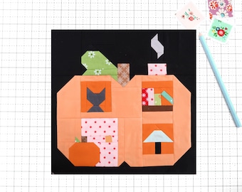 Pumpkin House Quilt Block Pattern Fall Autumn PDF for quilting and sewing - Makes 6 inch, 9 inch, 12 inch, 18 inch, and 24 inch Blocks