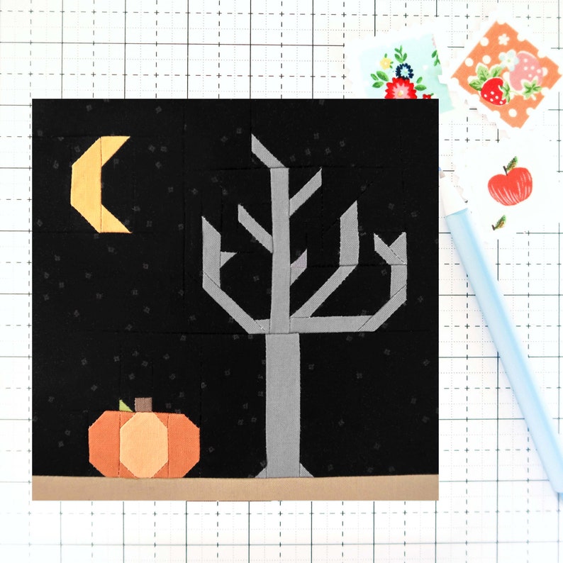 Spooky Tree Fall Autumn Pumpkin Quilt Block PDF pattern-Instructions for 6 inch, 12 inch, 18 inch and 24 inch Finished Blocks image 1