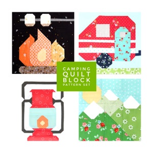 Set of 4 Camping Quilt Block Patterns - Mountains, Camper, Campfire, Lantern - Instructions for 6", 9", 12", 18" and 24" blocks 15% Savings