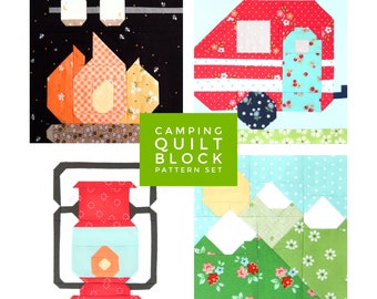 Set of 4 Camping Quilt Block Patterns - Mountains, Camper, Campfire, Lantern - Instructions for 6", 9", 12", 18" and 24" blocks 15% Savings