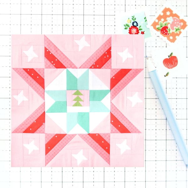 Snowy Star Christmas Holiday Quilt Block PDF pattern-Includes instructions for 6 inch, 9 inch, 12 inch, 18 inch, 24 inch Finished Blocks