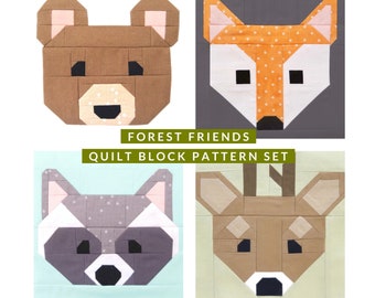 Set of 4 Forest Friends Animal Quilt Block Patterns: Fox, Bear, Deer and Raccoon 6", 12", 18", and 24" finished quilt blocks 15% Savings