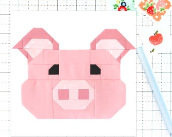 Pig Quilt Block Pattern Farm Animal Face PDF - Instructions for 6 inch, 9 inch, 12 inch, 18 inch, 24 inch Blocks Traditional Piecing