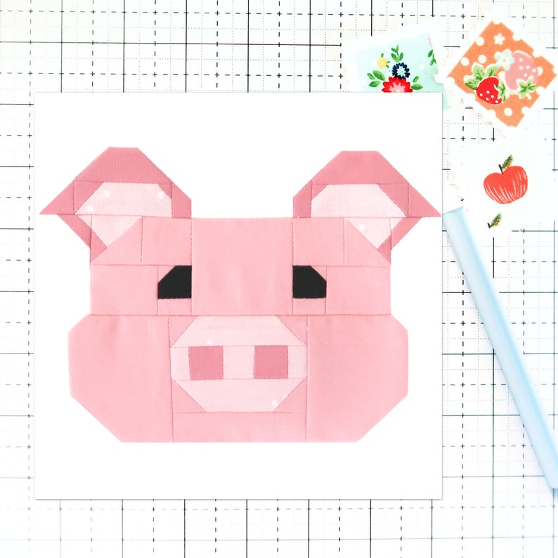 Pig Quilt Block Pattern Farm Animal Face PDF Instructions for 6 inch, 9 inch, 12 inch, 18 inch, 24 inch Blocks Traditional Piecing image 1