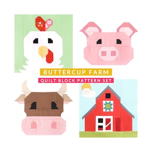 Set of 4 Farm Animals Quilt Block Patterns: Chicken, Cow, Pig, and Barn - Instructions for 6&quot;, 9&quot;, 12&quot;, 18&quot; and 24&quot; blocks 15% Savings