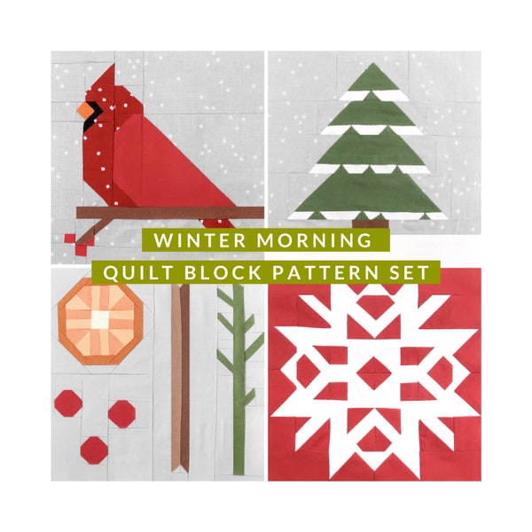 Set of 4 Winter Quilt Block Patterns: Cardinal, Spices, Snowflake, Evergreen - Instructions for 6", 12", 18" and 24" blocks 15% Savings