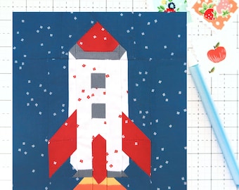 Rocket Outer Space Astronaut Quilt Block PDF pattern-Instructions for 6 inch, 12 inch, 18 inch and 24 inch Finished Blocks