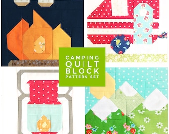 Set of 4 Camping Quilt Block Patterns - Mountains, Camper, Campfire, Lantern Instructions for 6 & 12 inch blocks 15% Savings