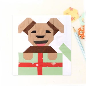 A Puppy For Christmas - Dog Gift Christmas Quilt Block Pattern PDF - Includes instructions for 6 inch and 12 inch Finished Blocks