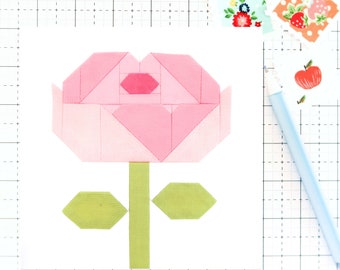 Peony Flower Spring Easter Garden Quilt Block Pattern PDF - Instructions for 6 inch, 9 inch, 12 inch, 18 inch and 24 inch Finished Blocks
