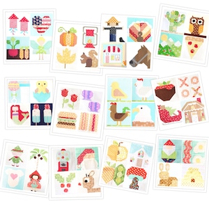 May include: A collection of 12 colorful quilt blocks featuring various themes, including farm animals, food, and holiday motifs. Each block is made up of different fabric squares and patterns, creating a whimsical and charming patchwork design.