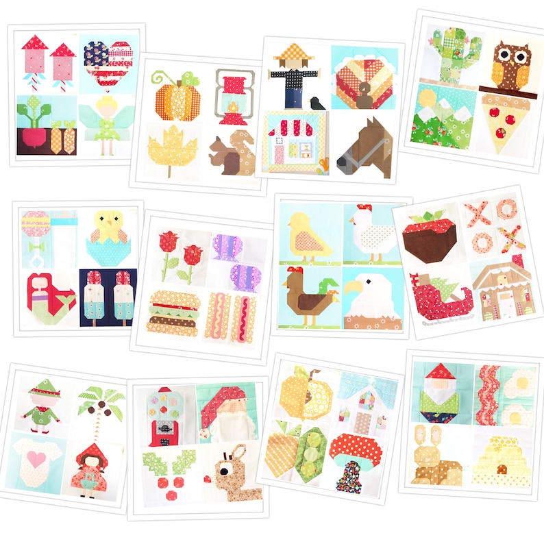 May include: A collection of 12 colorful quilt blocks featuring various themes, including farm animals, food, and holiday motifs. Each block is made up of different fabric squares and patterns, creating a whimsical and charming patchwork design.