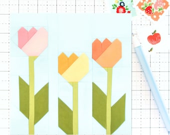 Spring Tulips Flowers Easter Garden Quilt Block PDF pattern - Includes instructions for 6 inch, 12 inch, 18 inch and 24 inch Finished Blocks