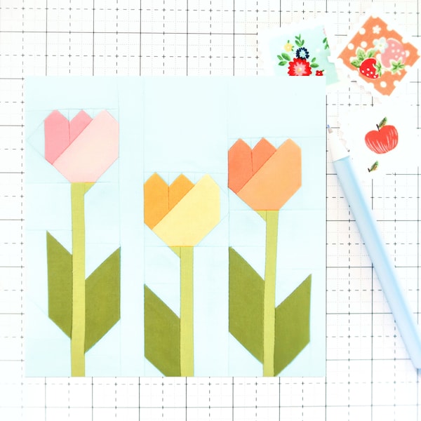 Spring Tulips Flowers Easter Garden Quilt Block Pattern PDF - Instructions for 6 inch, 9 inch, 12 inch, 18 inch and 24 inch Finished Blocks