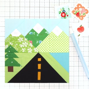 The Open Road Mountains Travel Quilt Block PDF pattern - Includes instructions for 6 inch, 12 inch, 18 inch, and 24 inch Finished Blocks
