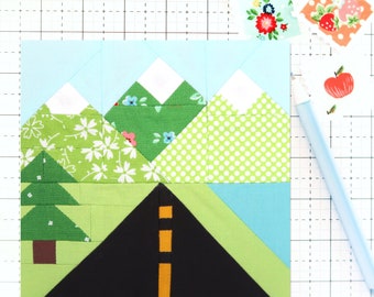 The Open Road Mountains Travel Quilt Block PDF pattern - Includes instructions for 6 inch, 12 inch, 18 inch, and 24 inch Finished Blocks