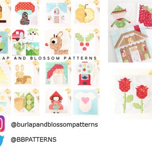 May include: A collection of 16 colorful quilt blocks featuring various designs, including a gnome, a reindeer, a gingerbread house, a beehive, a tulip, and a Christmas stocking. The blocks are arranged in a grid pattern and are surrounded by a white background. The text "Burlap and Blossom Patterns" is displayed at the bottom of the image.