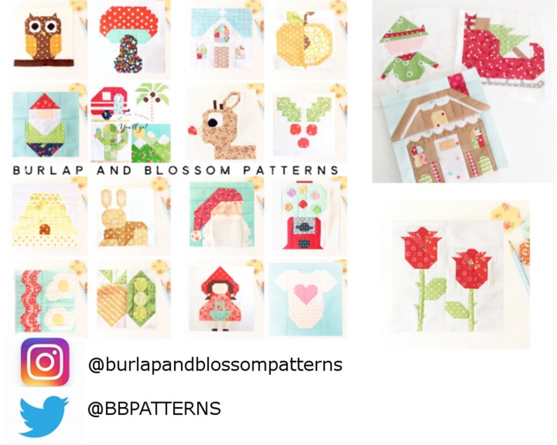 May include: A collection of 16 colorful quilt blocks featuring various designs, including a gnome, a reindeer, a gingerbread house, a beehive, a tulip, and a Christmas stocking. The blocks are arranged in a grid pattern and are surrounded by a white background. The text "Burlap and Blossom Patterns" is displayed at the bottom of the image.